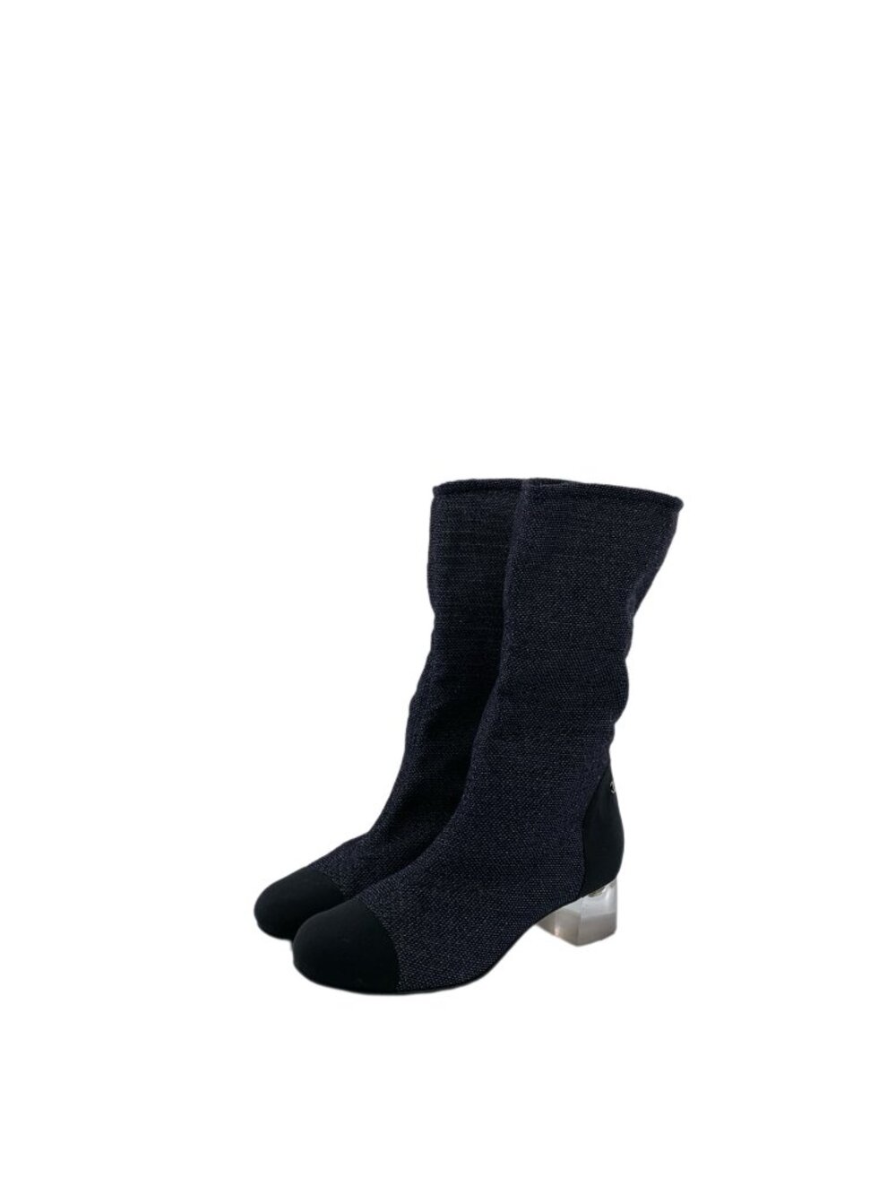 Chanel Denim Patchwork Double C Block-Heel Mid-Calf Boots